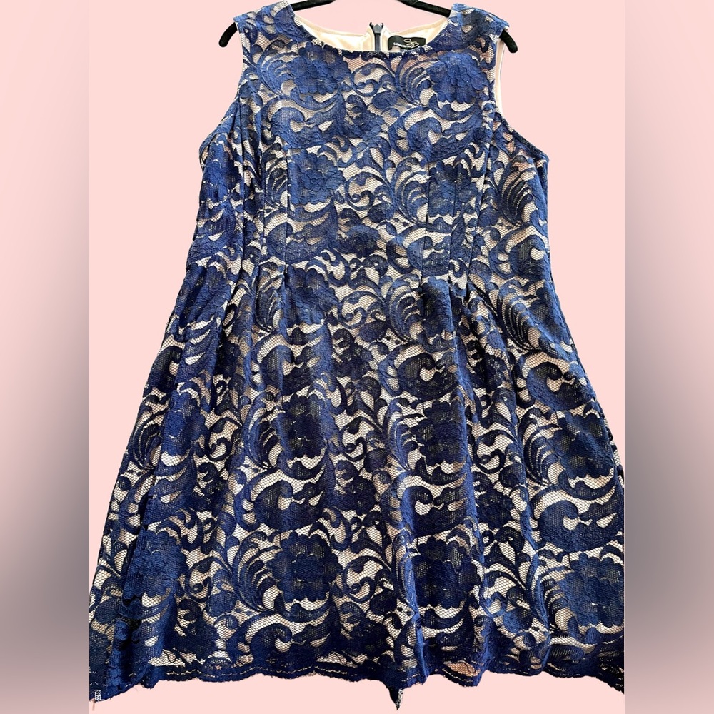 Elegant Navy Blue Lace Overlay A-Line Dress, Suzanne Betro, Plus Size 2X